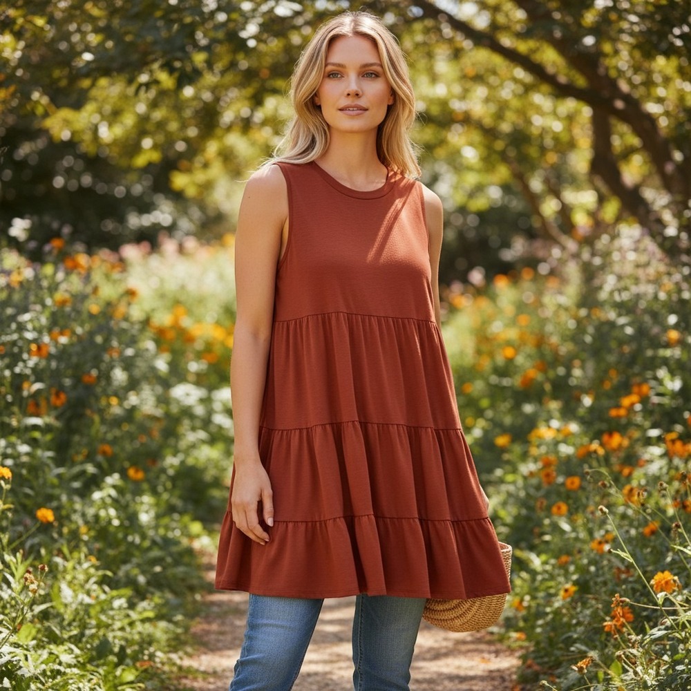 Entro Tiered Babydoll Top Womens 2XL Rust Orange Sleeveless Knit Blouse Boho